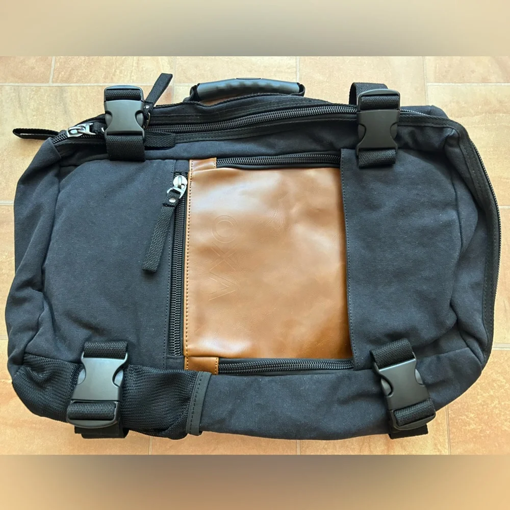 Oxa Men's Black Canvas Tan Leather Multi Use Duffle Bag Travel Backpack